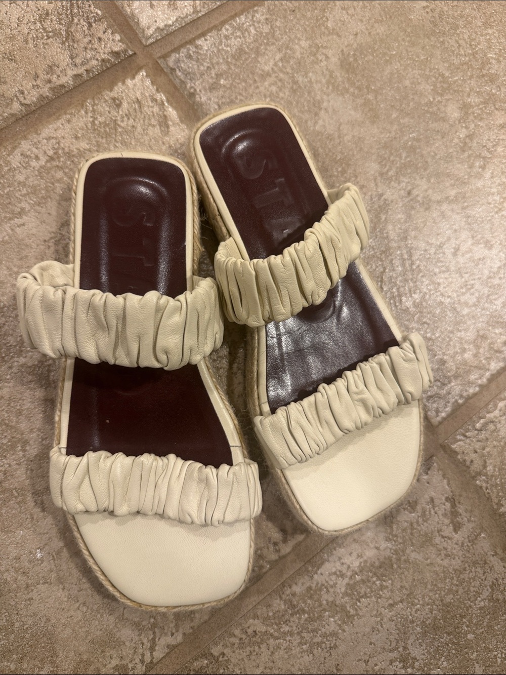 STAUD Cream Ruched Double-Strap Slide Sandals